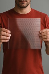 A realistic photo of a man in a red T-shirt holding a transparent square sheet with a printed hexagonal honeycomb pattern. 
