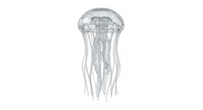 Elegant bioluminescent jellyfish with detailed tentacles floating in deep black ocean waterscape.