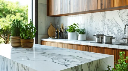 Bright and inviting modern kitchen featuring marble surfaces and natural wood elements, perfect for home decor magazines, kitchenware ads, and real estate listings
