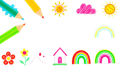 Back-to-school set of colored pencils and Cute Children's Drawing Elements