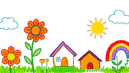 spring landscape with flowers and Child's Drawing of a Spring Landscape with Flowers, Houses, Sun and Rainbow