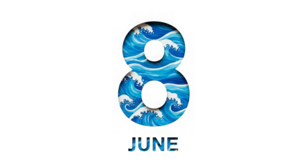 Ocean waves within the shape of number eight and the word June, digitally designed art piece.