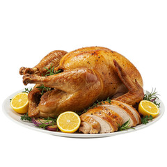 Roasted turkey garnished with lemon wedges and herbs on a white plate high quality photograph isolated on white background.