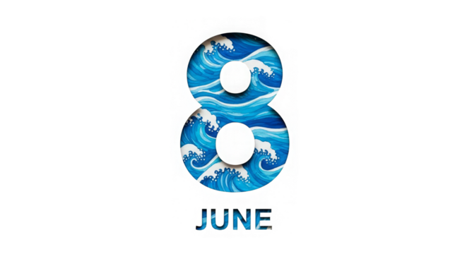 Ocean waves within the shape of number eight and the word June, digitally designed art piece.