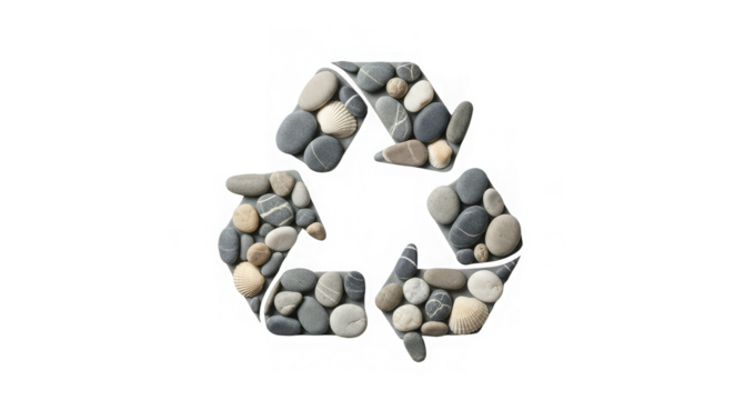 Recycling symbol creatively formed with beach stones and shells against a stark black backdrop