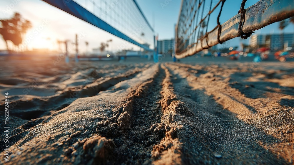 Poster detailed sand surface of a volleyball court, showcasing granular texture and rake patterns beneath t