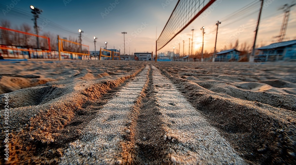 Poster intricate sand patterns on a volleyball court, detailed macro view of textured sand surface with rak