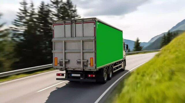 ** Green Screen Delivery Truck on Scenic Mountain Road - Transport and Logistics Mockup Ready for Your Brand Advertisement (136 characters)