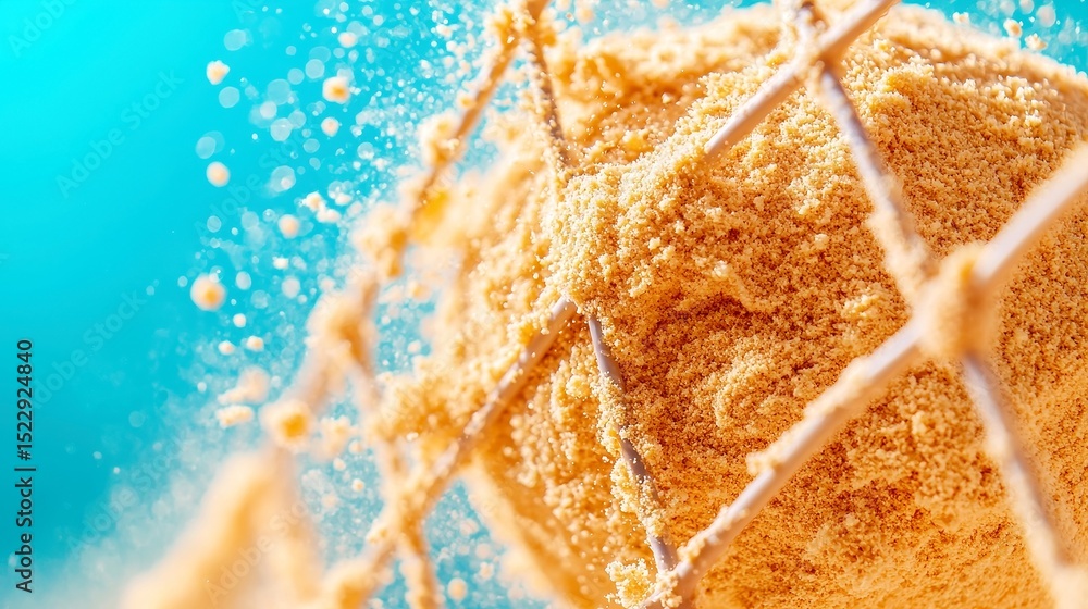 Poster volleyball court sand texture, close-up of the granular surface with visible rake patterns under the