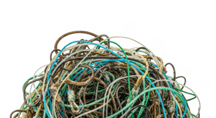 Tangled array of weathered fishing hooks and colorful lines isolated against a black background.