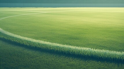Obraz premium Synthetic Turf Fibers in Empty Stadium, close-up view of vibrant synthetic grass strands with blurred goalposts in the background, evoking a sense of desolation and potential.