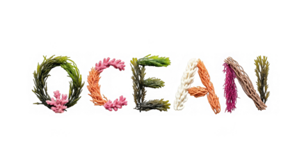 The word OCEAN is creatively spelled out using colorful coral and seaweed on a black background.