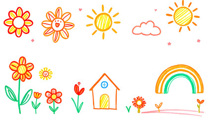 set of autumn leaves Child's Drawing of a Sunny Day with Flowers, Rainbow, and a House