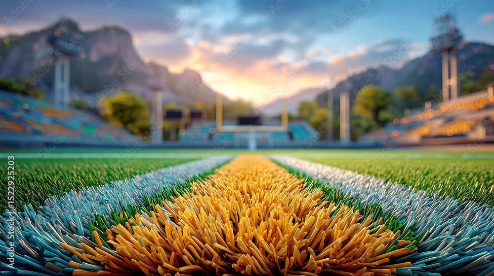 Poster synthetic turf fibers in stadium, close-up of vibrant synthetic grass fibers with a soft-focus backd