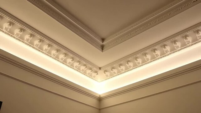 Elegant Interior Ceiling Design featuring Ornate Cornice Molding and Subtle LED Lighting
