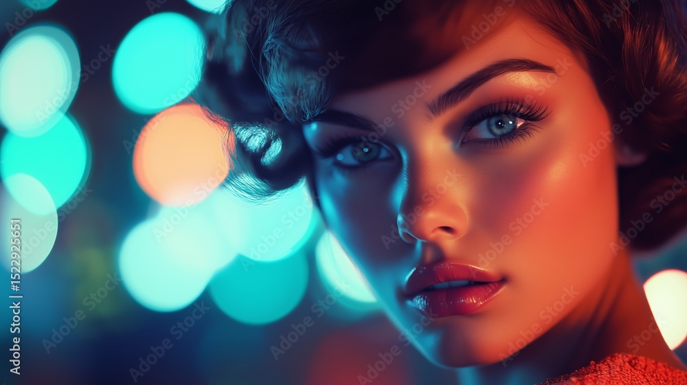 Poster portrait of a woman with striking features and colorful bokeh background in an urban setting at nigh