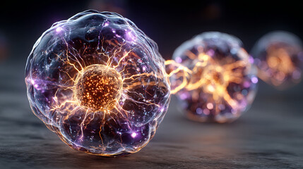 Electric balls, round lightnings, blue and purple thunderbolt circles. Magic energy strikes, plasmic spheres, powerful electrical isolated discharge, glowing dazzle, Realistic 3d vector illustration