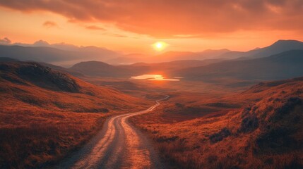 A winding road through autumnal highlands at sunset