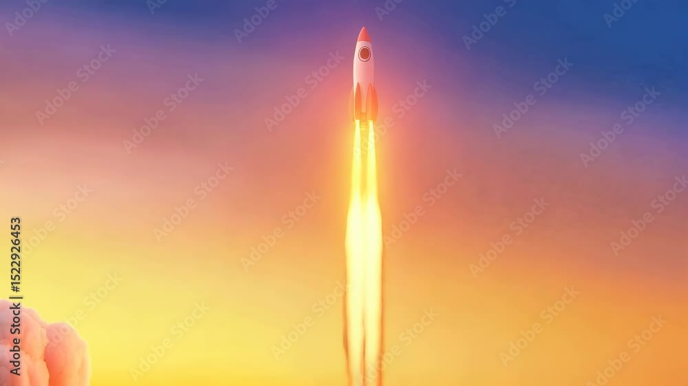 Poster vibrant rocket launch sequence with glowing trails and dynamic energy beams