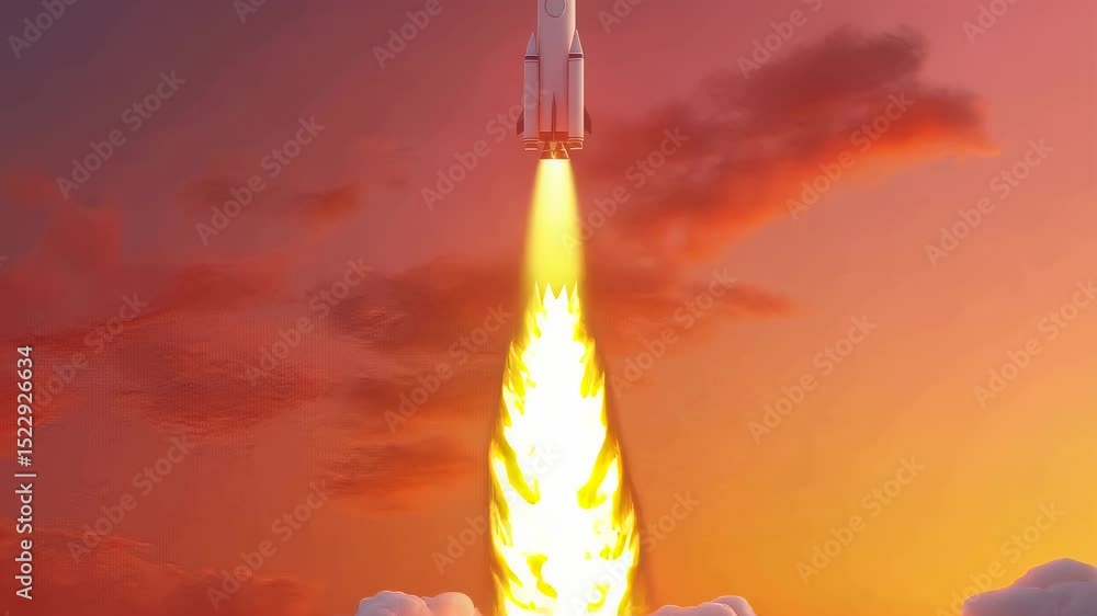 Poster rocket launch sequence with vibrant flames and glowing trails in dynamic animation