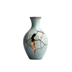 A broken ceramic vase with visible cracks and rusty elements on a neutral background
