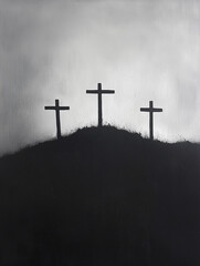 Three Crosses on a Hill in Dramatic Monochrome Art Depiction