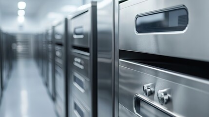 Stainless steel commercial kitchen equipment in a row.