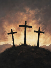 Three Wooden Crosses Silhouetted Against Dramatic Sunset Sky Symbolizing Faith and Redemption