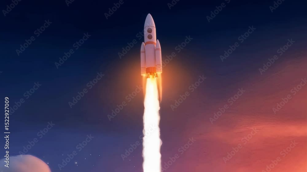 Poster dynamic rocket launch sequence with glowing trails and abstract propulsion animation