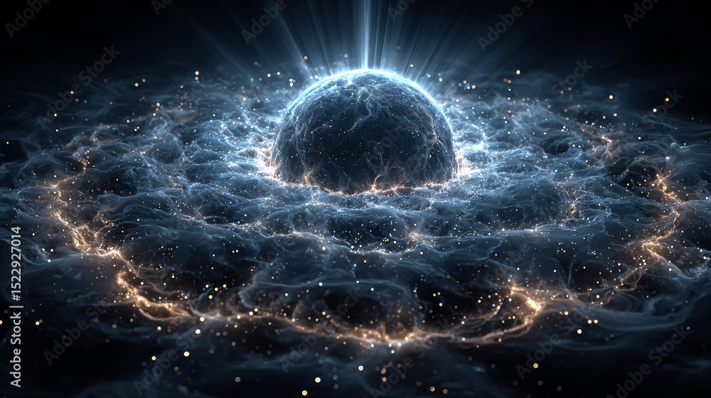 Poster luminous concentric circles around sphere with blue neon light. flare radiates from central round fr