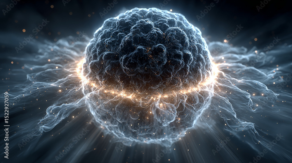 Poster luminous concentric circles around sphere with blue neon light. flare radiates from central round fr