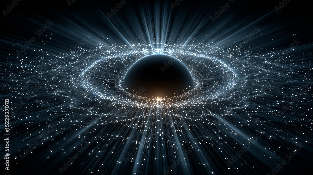 Poster luminous concentric circles around sphere with blue neon light. flare radiates from central round fr