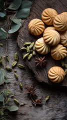 Flat lay of orange cardamom cookies, shaped into delicate rounds and placed on a rustic wooden board