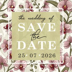 Vintage vector illustration with orchid flowers on changeable background. Floral design template for wedding invitation, greeting card, notebook cover, flyer or certificate.