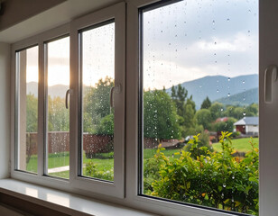 雨粒、窓、ガラス、伝う、梅雨、部屋、庭、風景、屋内