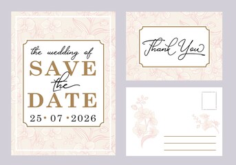 Save the Date and RSVP collection. Botanical wedding invitation template, white orchid flowers and leaves. Template with highly detailed, vector, realistic spring flowers.