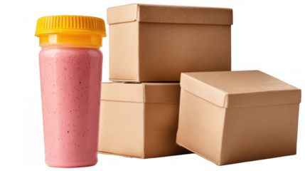 Pink smoothie in a plastic bottle with a yellow lid stands next to a stack of three closed cardboard boxes on a transparent background, suggesting a delivery or storage concept