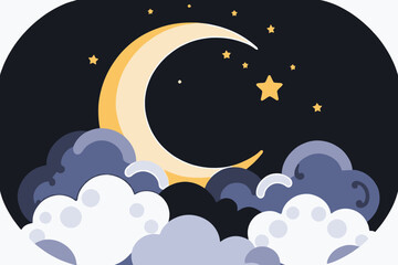 Cartoon Crescent Moon and Stars Illustration-Dreamy Night Sky with Clouds-Magical Celestial Scene for Kids-Whimsical Art Print-Nursery Decor-Sweet Dreams