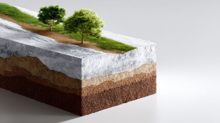 Cross section of layered soil is depicted, showing topographic map effects with trees on grassy terrain. layers include grass, soil, and rock, illustrating geological strata