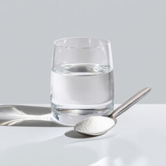Clear glass of water sits on white surface next to metal spoon filled with white powder, creating minimalist and clean composition