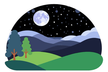 Obraz premium Cartoon Night Landscape with Full Moon and Stars-Green Hills and Trees-Illustration of a Peaceful Night Scene in Nature