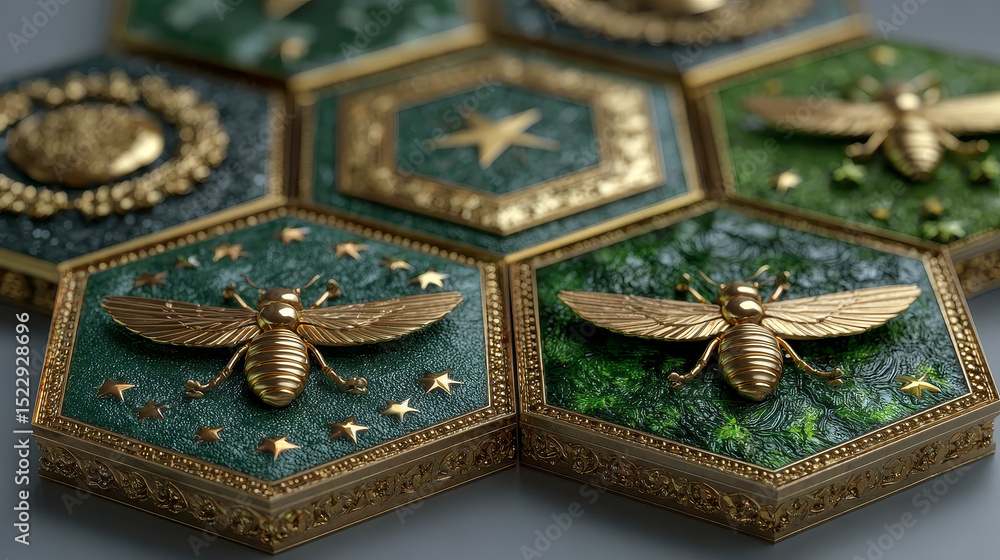 Poster military game rank buttons set isolated on background. vector realistic illustration hexagonal green