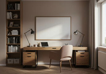 Horizontal Wooden Frame Mockup in Modern Home Office with Desk and Bookshelf