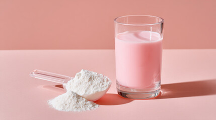Scoop of white collagen powder is placed next to glass of pink liquid on pastel pink background, creating soft and inviting scene
