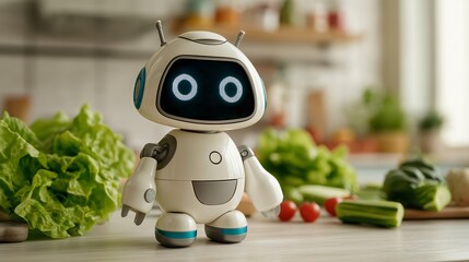 A charming robot stands in a bright kitchen setting with fresh vegetables