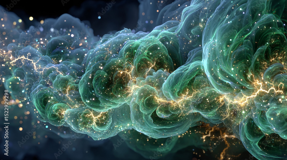 Poster abstract green swirls set with blue lightning discharges png isolated on transparent background. rea