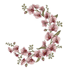 Collection of orchid bouquet and leaves. Spring is here. Vector vintage botanical illustration.
