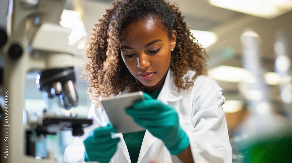 Poster young scientist examining data in a laboratory while wearing gloves and a lab coat during a research