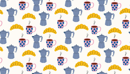 Repeating cartoon pattern of coffee makers, croissants, and hot mugs on soft background.
