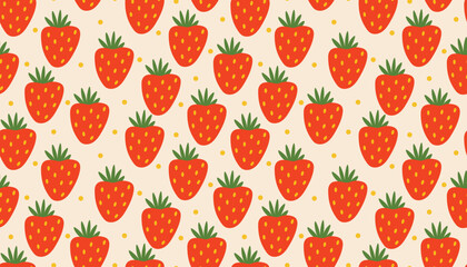Flat style seamless pattern filled with vivid strawberries and dotted accents.